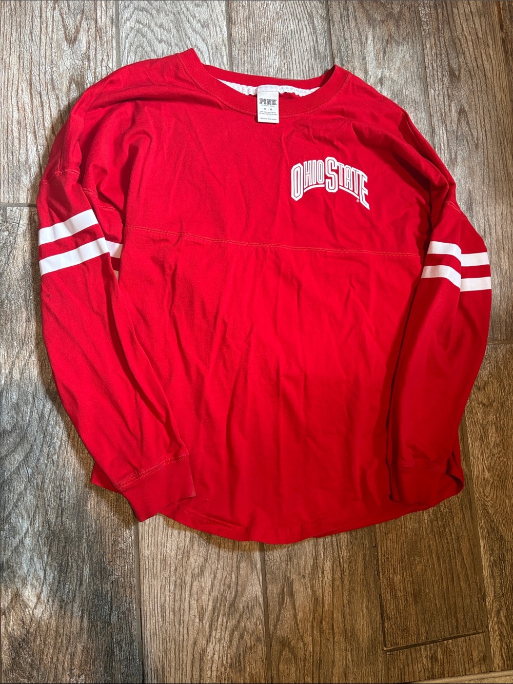 PINK Victoria's Secret Red Long Sleeve Ohio State Tee with White Stripes